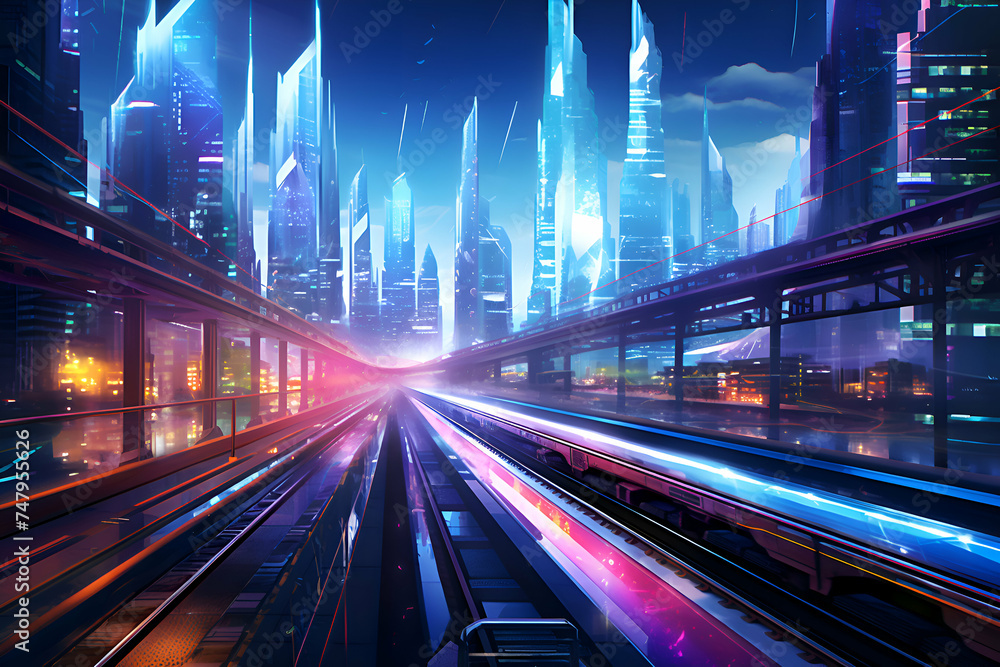 Fototapeta premium Abstract light trails on the modern city street at night. 3d rendering