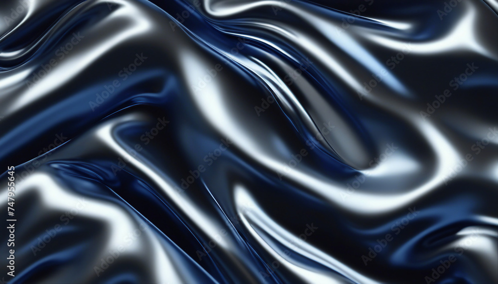 Obraz premium liquid chrome shiny metal smooth liquid satin texture background, dark blue and black