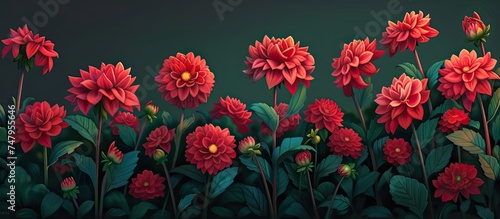 A painting depicting a border of striking red dahlias nestled among vibrant green leaves. The red flowers stand out against the lush green foliage, creating a visually captivating contrast.