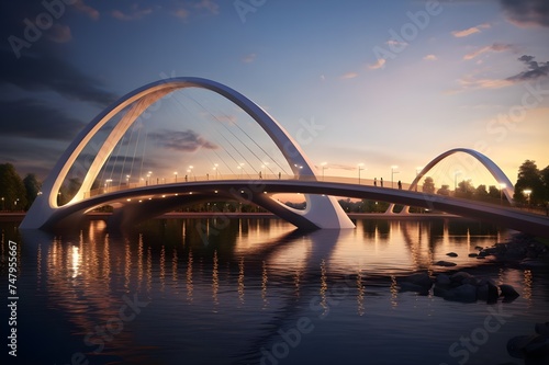 A contemporary bridge design, spanning a wide river with sleek lines and innovative engineering.