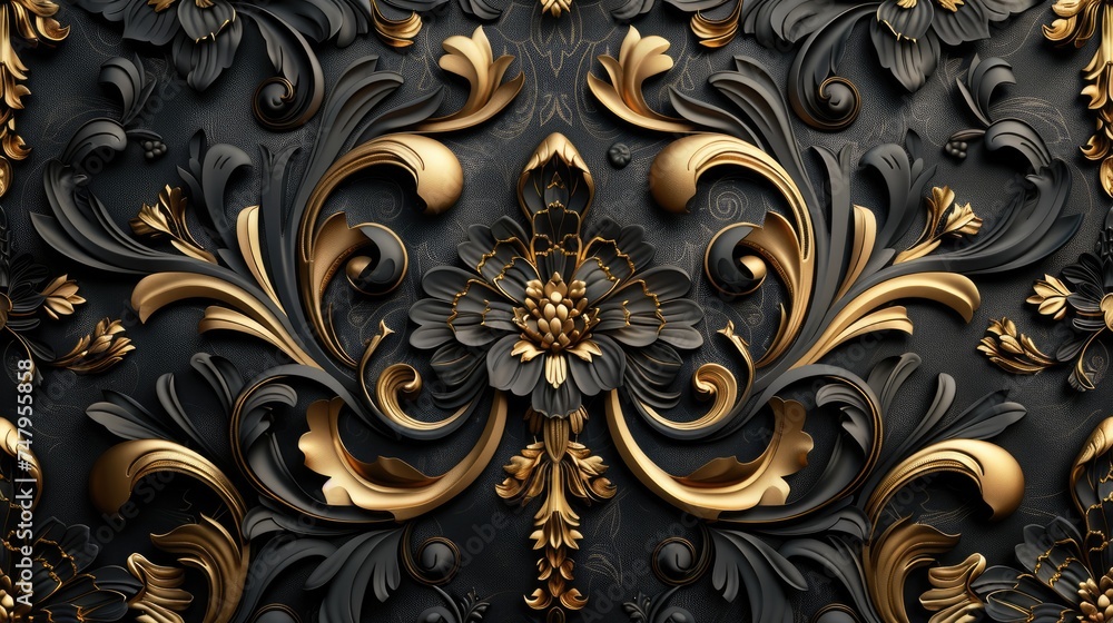 abstract flower damask black gold seamless pattern - obrazy, fototapety, plakaty 
