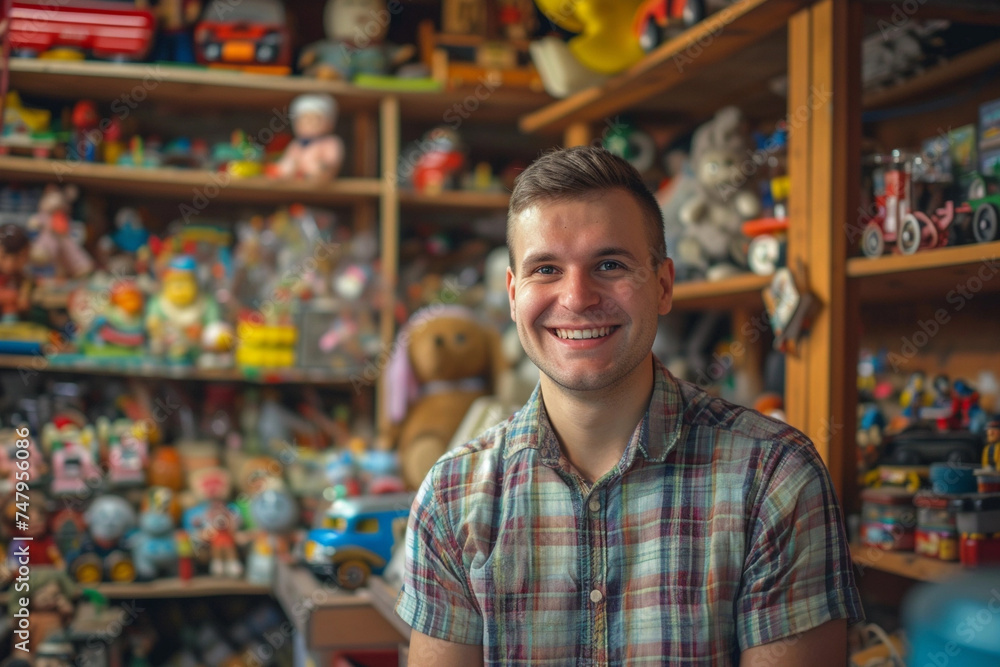 retro toy and collector establishment, seller looking at camera