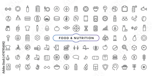 Food & Nutrition line icons related to wellness, wellbeing, mental health, healthcare, cosmetics, spa, medical. Outline icon collection. photo