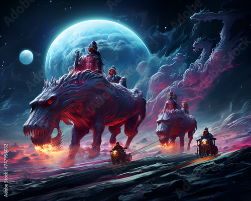 Fantasy scene with dragon and people on the background of the moon photo