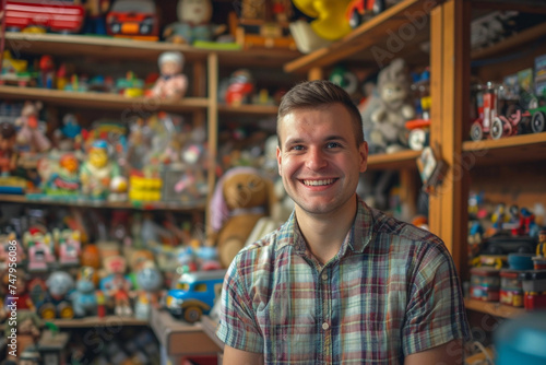 retro toy and collector establishment, seller looking at camera