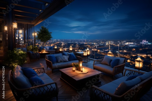 A rooftop bar with panoramic city views, featuring trendy furniture and a vibrant atmosphere.   © Tachfine Art