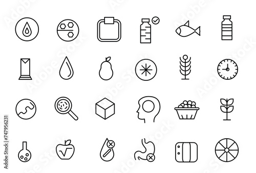 Food & Nutrition line icons related to wellness, wellbeing, mental health, healthcare, cosmetics, spa, medical. Outline icon collection.