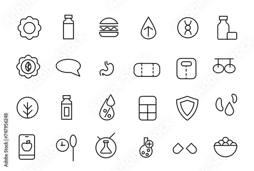 Food & Nutrition line icons related to wellness, wellbeing, mental health, healthcare, cosmetics, spa, medical. Outline icon collection.