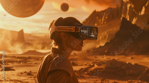 A journalist using augmented reality glasses to report live from a newly colonized planet in another galaxy
