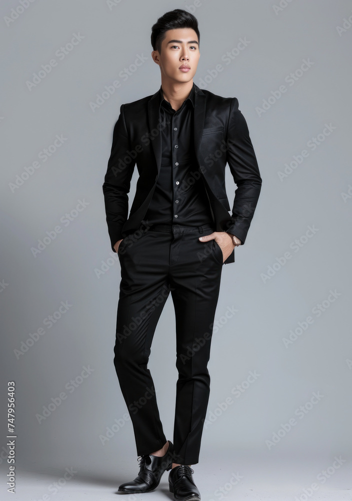 Young Asian Male Businessman wearing Black Suit and Black Shirt
Young Asian Male Businessman wearing Black Suit and Black Shirt