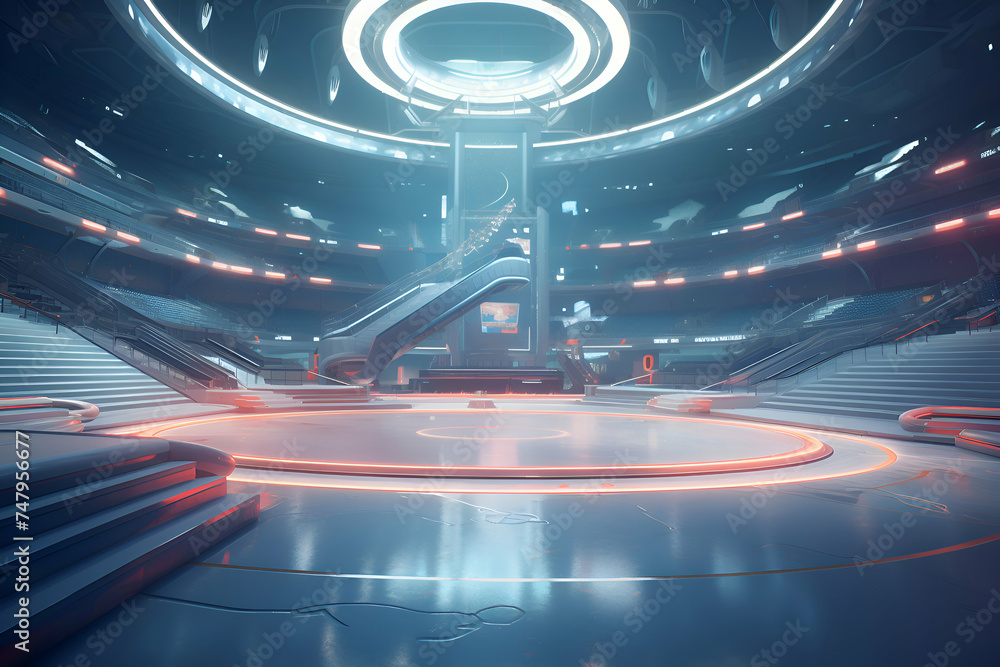 Futuristic spaceship interior with glowing lights. 3d rendering toned image