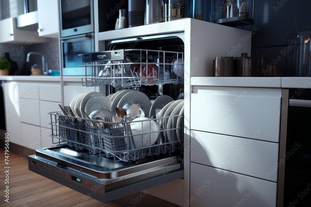 Dishwasher inside beautiful kitchen with white used dishes that prepared to wash. Electronic dish washer device in modern kitchen - obrazy, fototapety, plakaty 