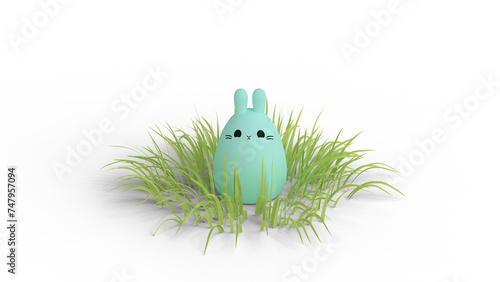 Cute easter bunny sitting in the grass, isolated with copy space, happy easter banner with adorable rabbit. 3D rendering illustration
