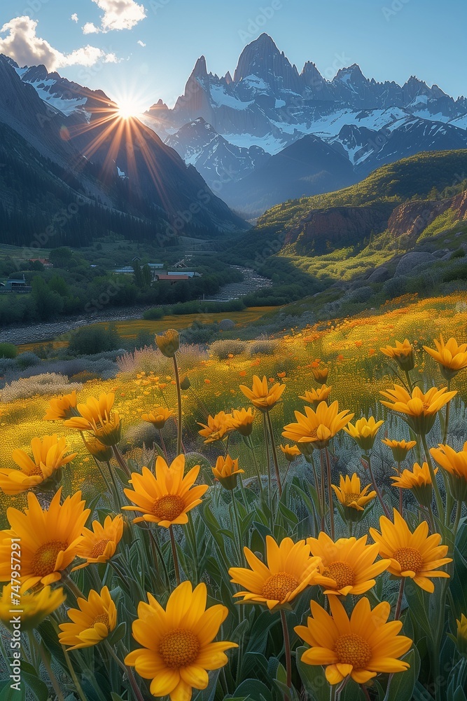 **Sunlit Meadow Amongst the Mountains Photo 4K
