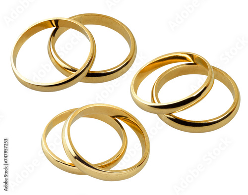 Three position of a pair of Old wedding rings isolated on white