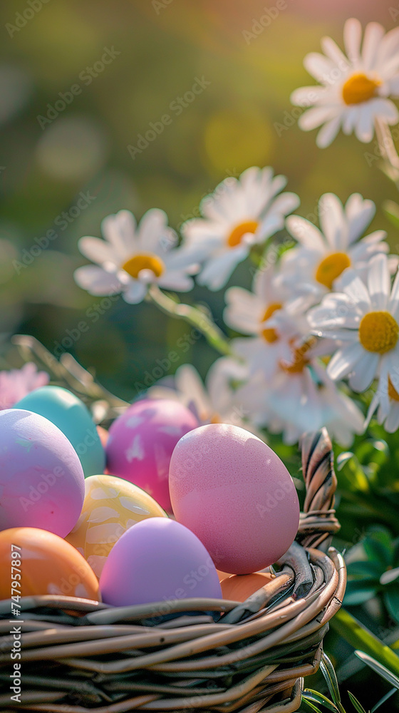 Colorful easter eggs in a basket and daisies in the garden