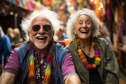 Elderly couples dancing joyfully at street festival, enjoying retirement and smiling happily