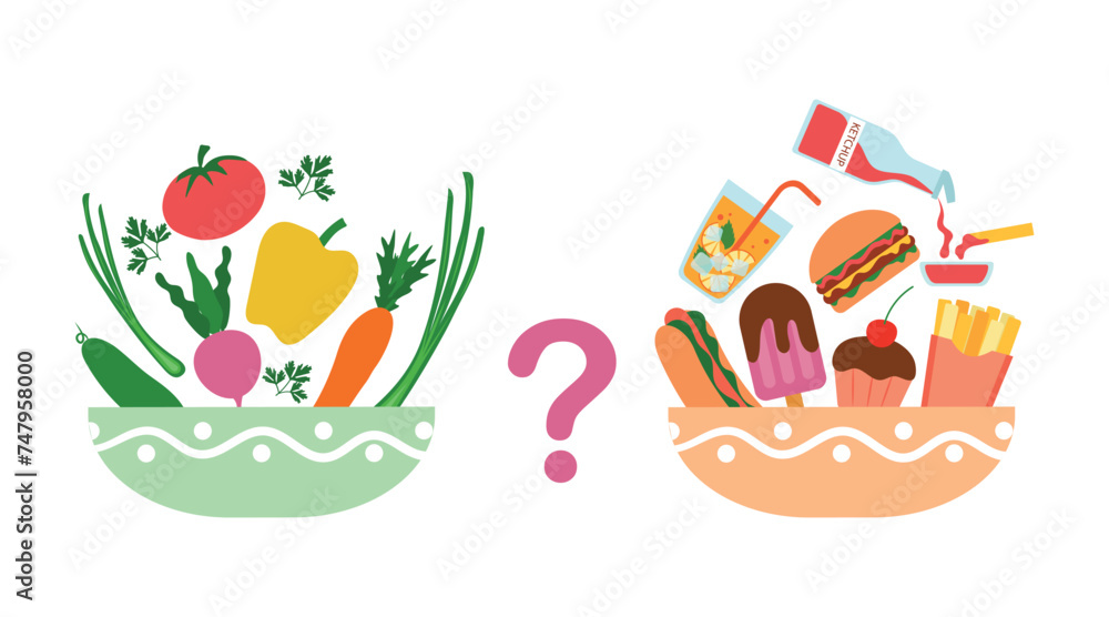 Two plates with healthy and fresh vegetables and unhealthy fast food. Weight loss concept - plate with organic food versus plate with junk food. Food choice concept.
