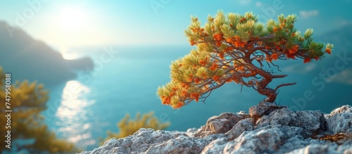 View of pine tree branches on mountain peak against blue sky photo