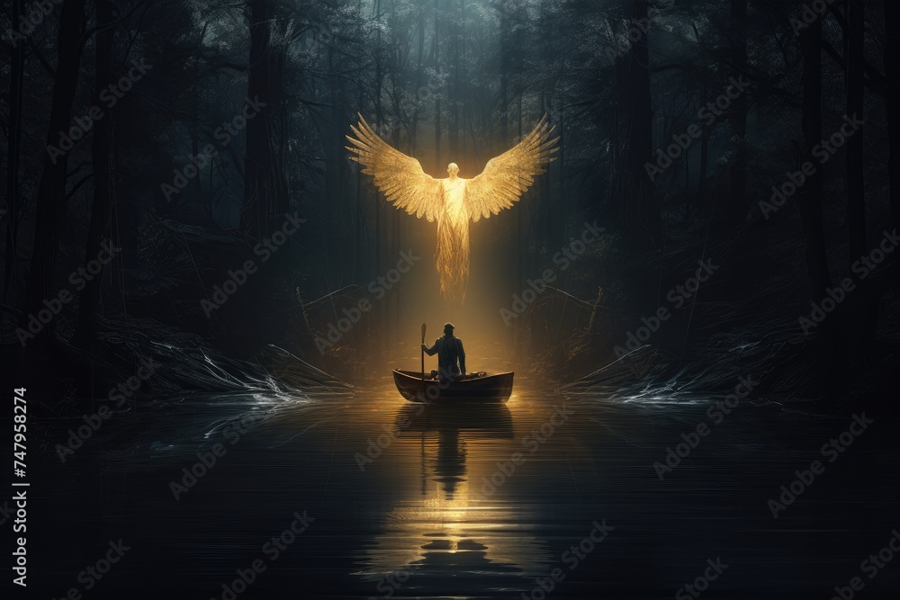 man on boat facing a legendary angel in the dark forest hd wallpaper - obrazy, fototapety, plakaty 