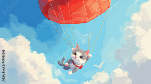 Fototapeta Naklejka Na Ścianę i Meble -  Cute cat is flying on a parachute in the sky Cartoo