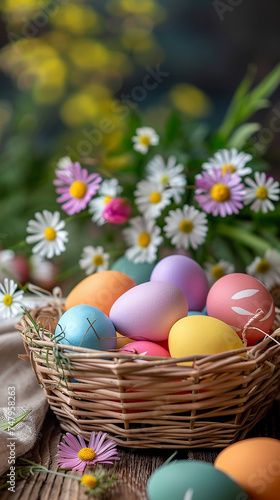 Wallpaper Mural Colorful easter eggs in a basket with daisies on wooden background Torontodigital.ca