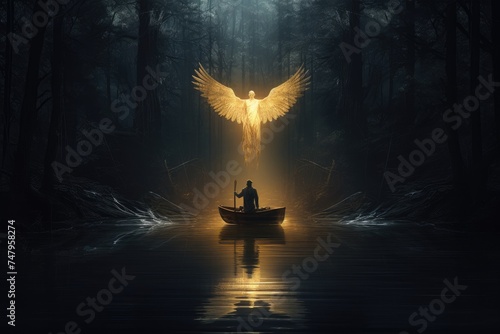 man on boat facing a legendary angel in the dark forest hd wallpaper photo