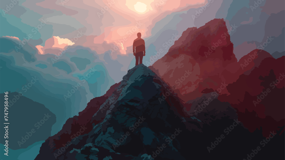 Figure of a man on the way to a mountain peak - obrazy, fototapety, plakaty 