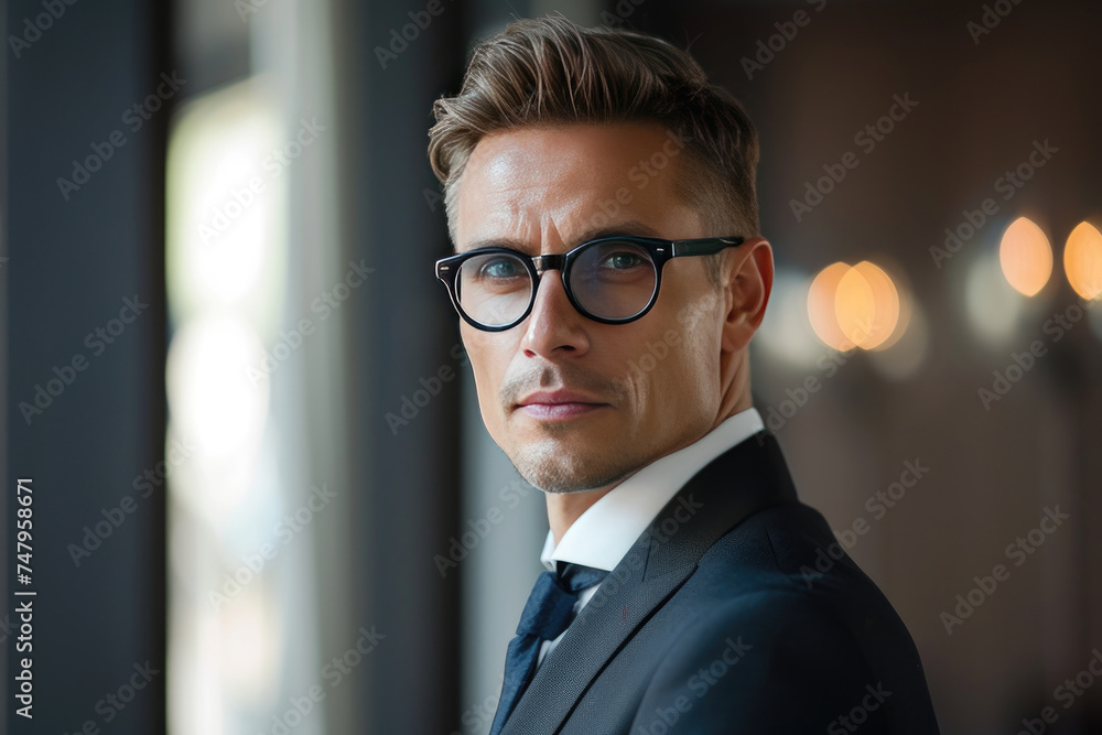 Stylish businessman in modern office space with a focused and determined look Stylish businessman in modern office space with a focused and determined look