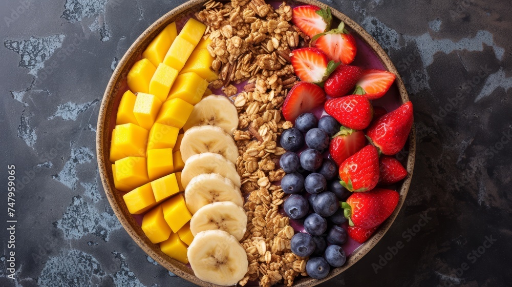 Healthy breakfast bowl with yogurt, fresh berries, mango, banana and granola on a dark background. Healthy breakfast bowl with yogurt, fresh berries, mango, banana and granola on a dark background.