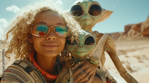 Woman wearing sunglasses and alien holding child in desert with rock in background