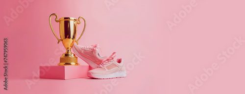 trophée en or posé à côté de chaussures de course roses