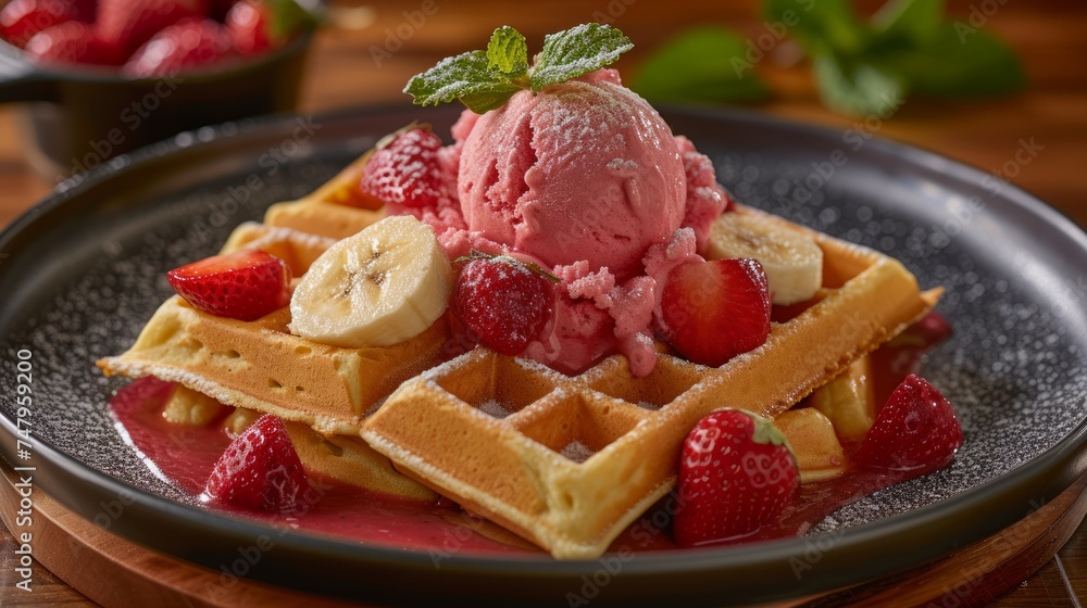 Belgian waffles with ice cream and strawberries on a white plate and on a wooden table Belgian waffles with ice cream and strawberries on a white plate and on a wooden table