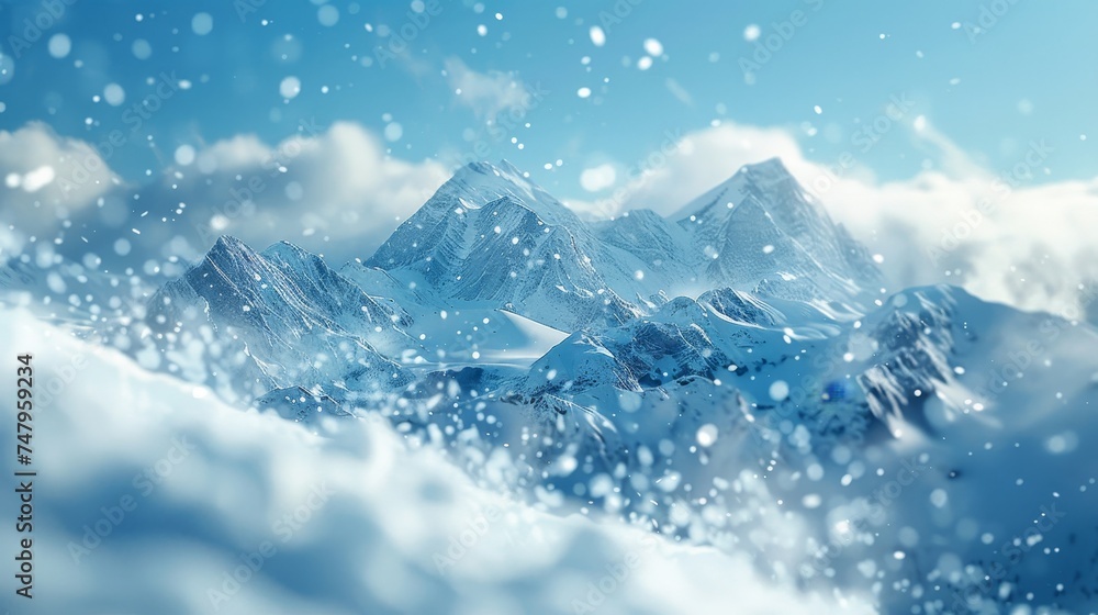 A blizzard sweeps across a majestic mountain range, with heavy snowfall obscuring the peaks and creating a dramatic winter scene.
