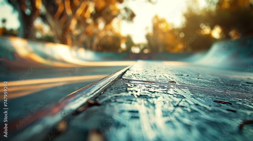 The warm glow of sunset bathes an urban skatepark, highlighting the ...