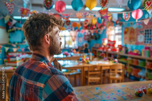 Young Bearded Man Contemplating in Colorful Classroom with Festive Decorations and Children's Artwork
