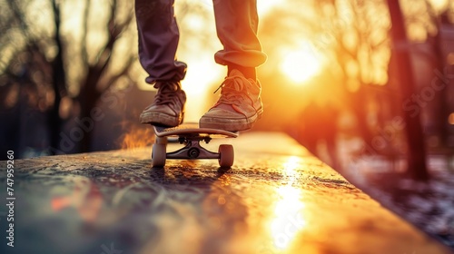 Close-up of a skateboarder's feet executing a trick on a ramp in an urban skatepark against the backdrop of a vibrant sunset.
