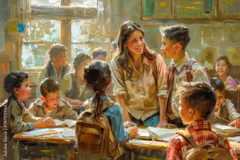 Group of Happy Children Engaging in Classroom Activities with Teacher's Assistance in Sunlit Educational Setting Group of Happy Children Engaging in Classroom Activities with Teacher's Assistance in Sunlit Educational Setting