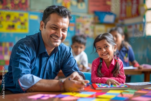 Smiling Teacher Assisting Young Girl with Educational Activities in Colorful Classroom Environment