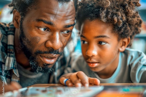 African American Father and Son Sharing an Intimate Moment of Learning and Bonding at Home