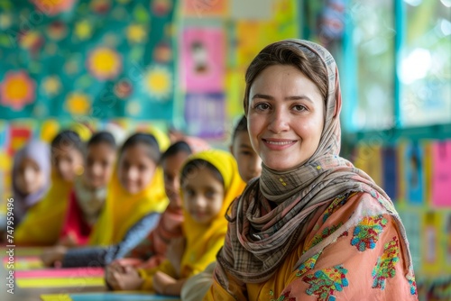 Smiling Woman Teacher in Traditional Attire in Colorful Classroom with Students in Background