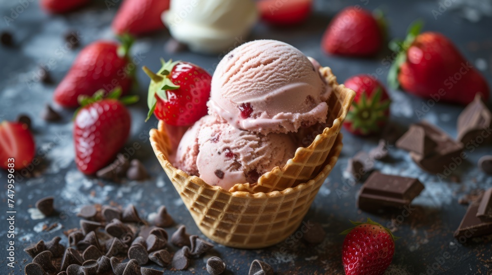Ice cream scoops in a waffle cone with strawberry and chocolate Ice cream scoops in a waffle cone with strawberry and chocolate
