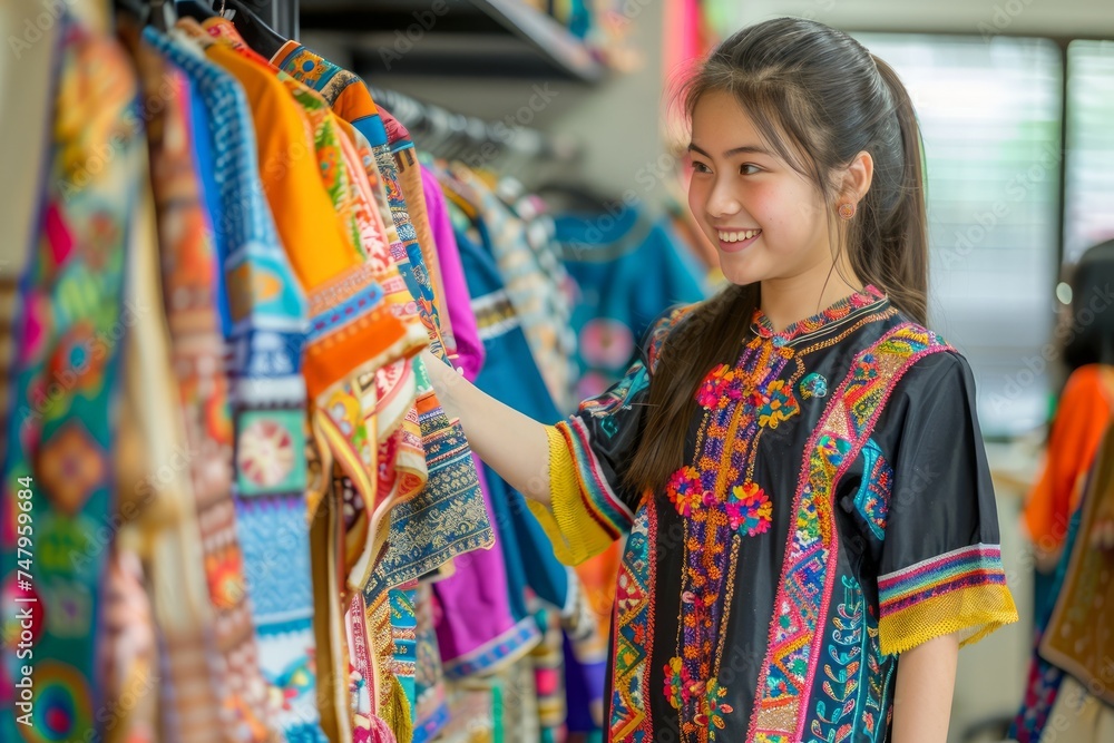 Young Asian Woman Smiling and Browsing Colorful Traditional Clothing in a Boutique Shop