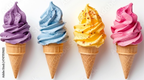 Colorful ice cream in waffle cones isolated on white background.