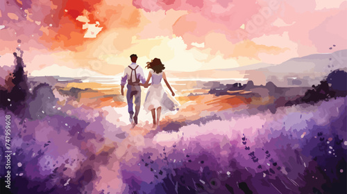 A couple in lovector at sunset in a lavender field 