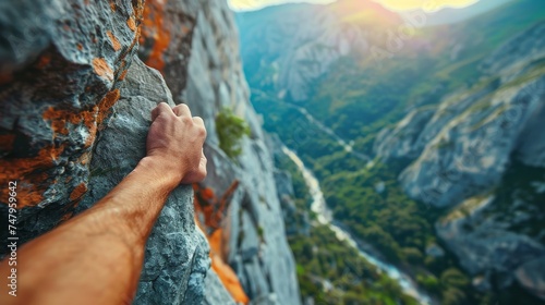 The powerful hand of a rock climber gripping a hold on a steep cliff face, with the mountain valley glowing in the sunrise.