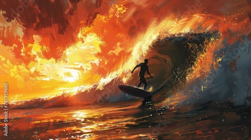 An artistic depiction of a surfer elegantly riding a wave that mirrors the fiery hues of a dramatic sunset sky. © Sodapeaw