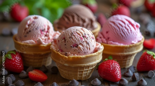 Ice cream scoops in a waffle cone with strawberry and chocolate