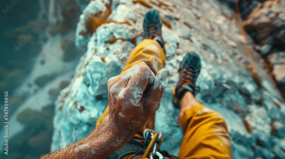 Obraz premium First-person view of a rock climber gripping the edge of a cliff, showcasing the challenge and thrill of the ascent.