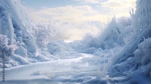 A picturesque, AI-generated winter landscape is transformed into a dreamscape by intricate ice sculptures, each an artistic masterpiece carved by AI.   © Imagination Ink